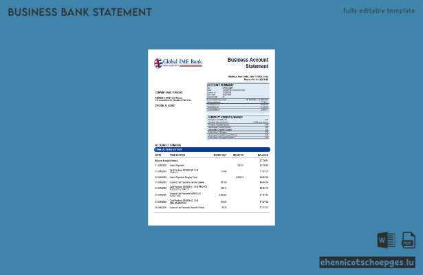 Global Ime Firmenkontoauszug (Word- und PDF-Beispiel)